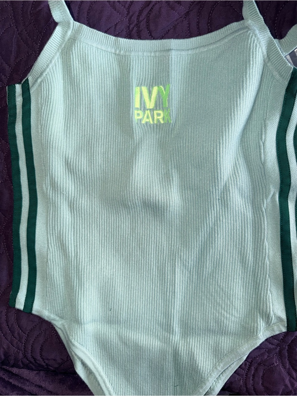 IVY PARK Mint Ribbed Strappy Bodysuit with Dark Green Side Stripes